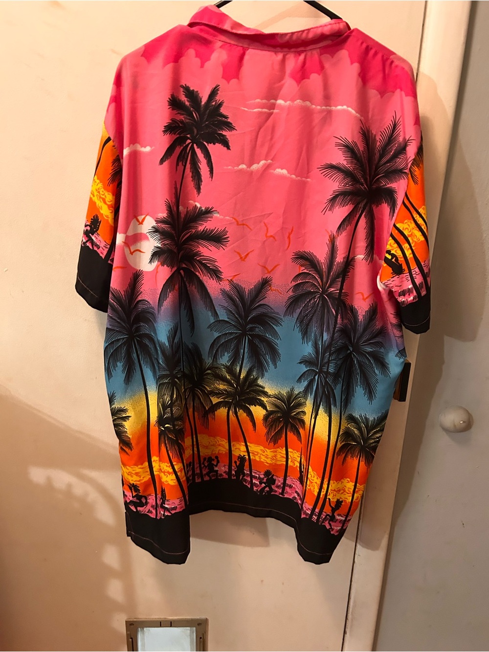 Men’s Tropical Palm Print Button-Up Shirt - Pink Multi - Picture 3 of 3